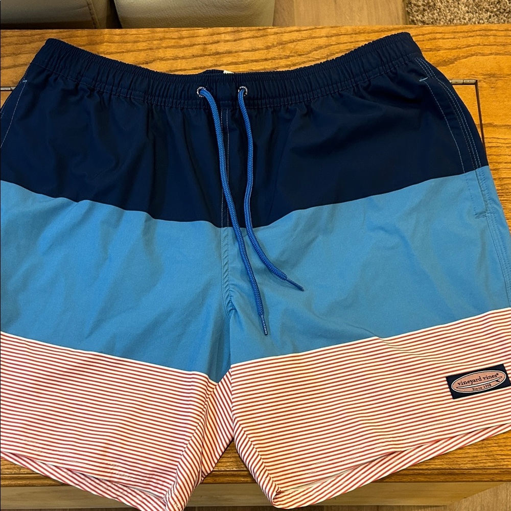 Vineyard Vines Navy, Blue, and Red Striped Swim Trunks
